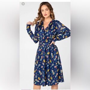 Elegant Art Deco Tattoo Moulin Rouge Blue Print Long Sleeve Dress